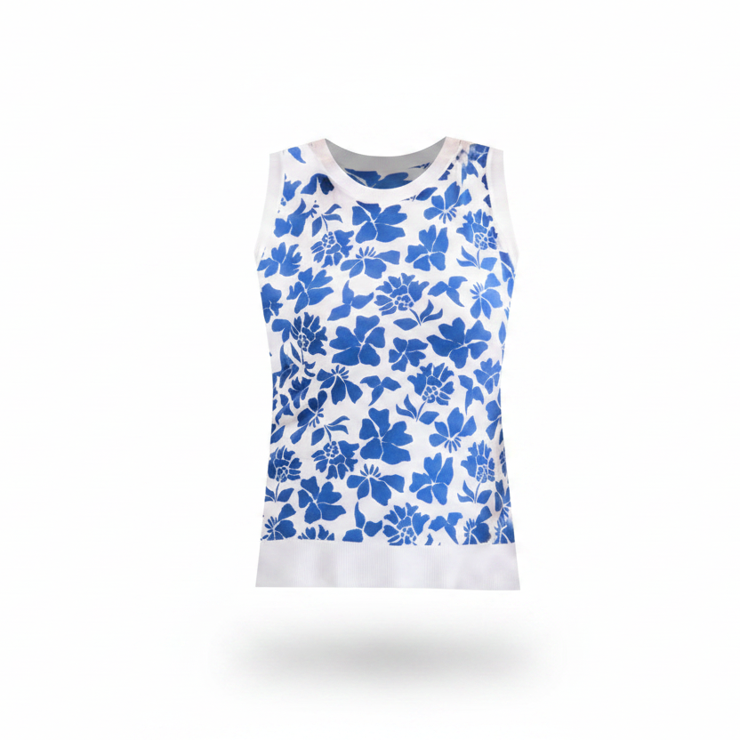 PLUS Size Women's Floral Blue w White Sleeveless Sweater