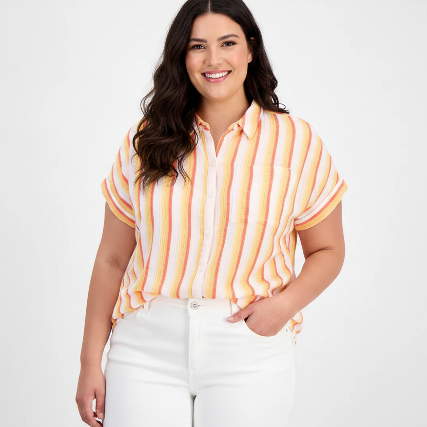 PLUS size Women's Striped Camp Short sleeve 100% Cotton  Shirt Orange