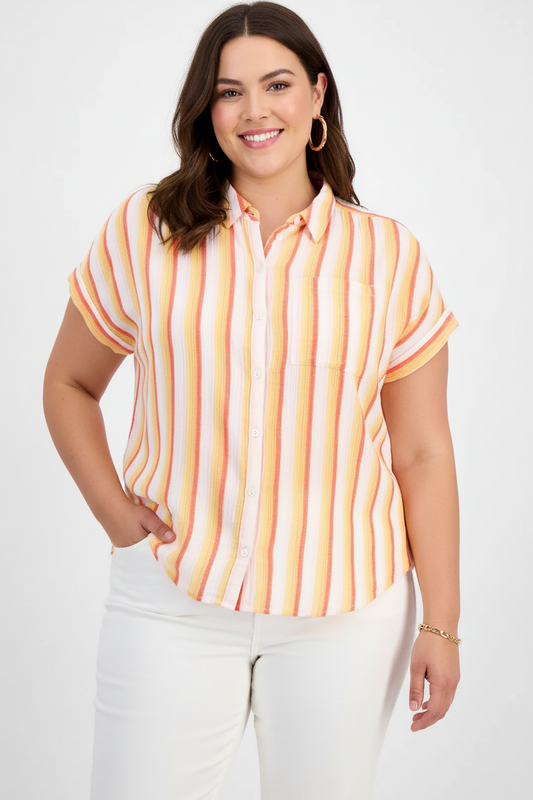 PLUS size Women's Striped Camp Short sleeve 100% Cotton  Shirt Orange