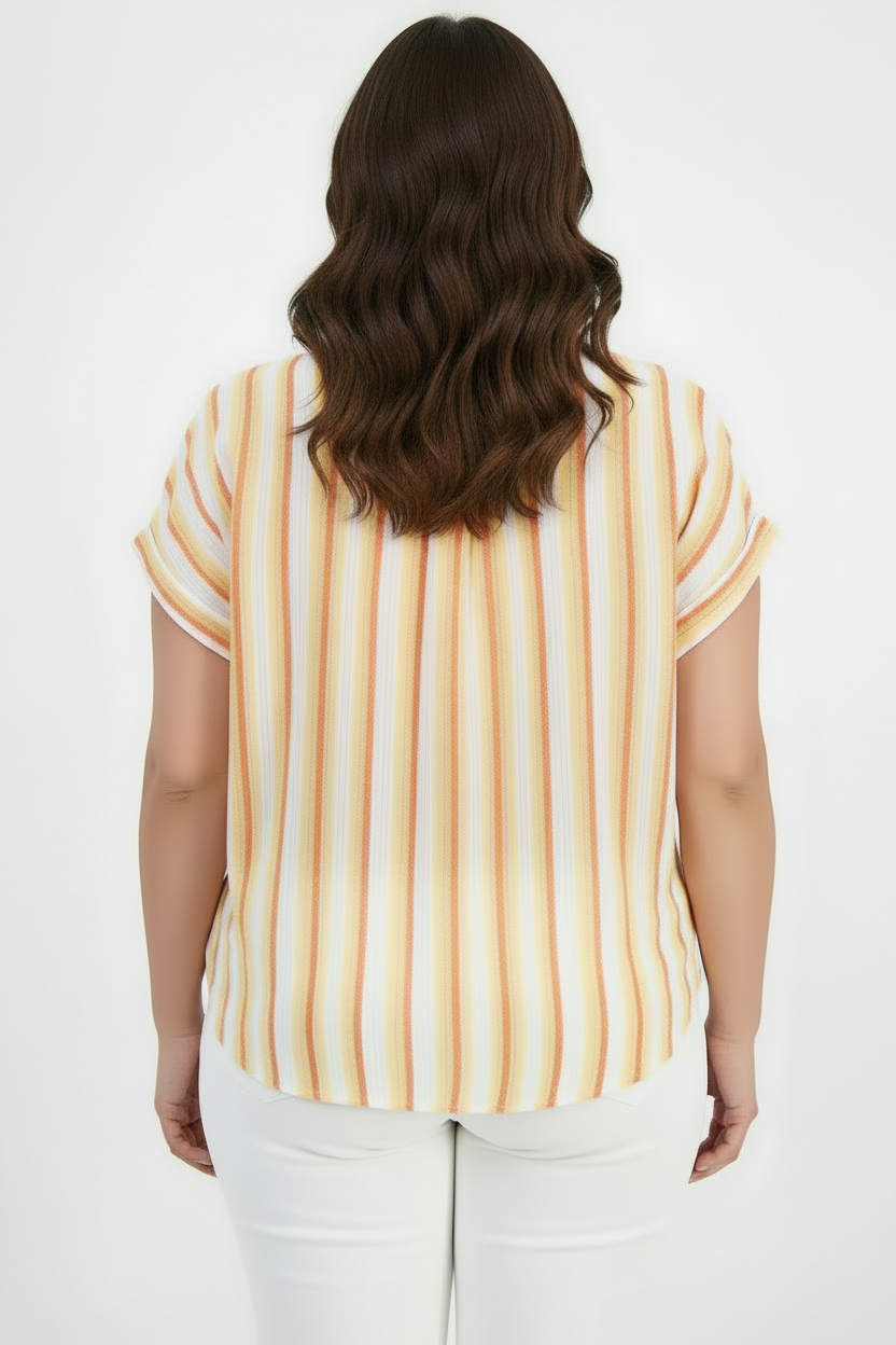 PLUS size Women's Striped Camp Short sleeve 100% Cotton  Shirt Orange