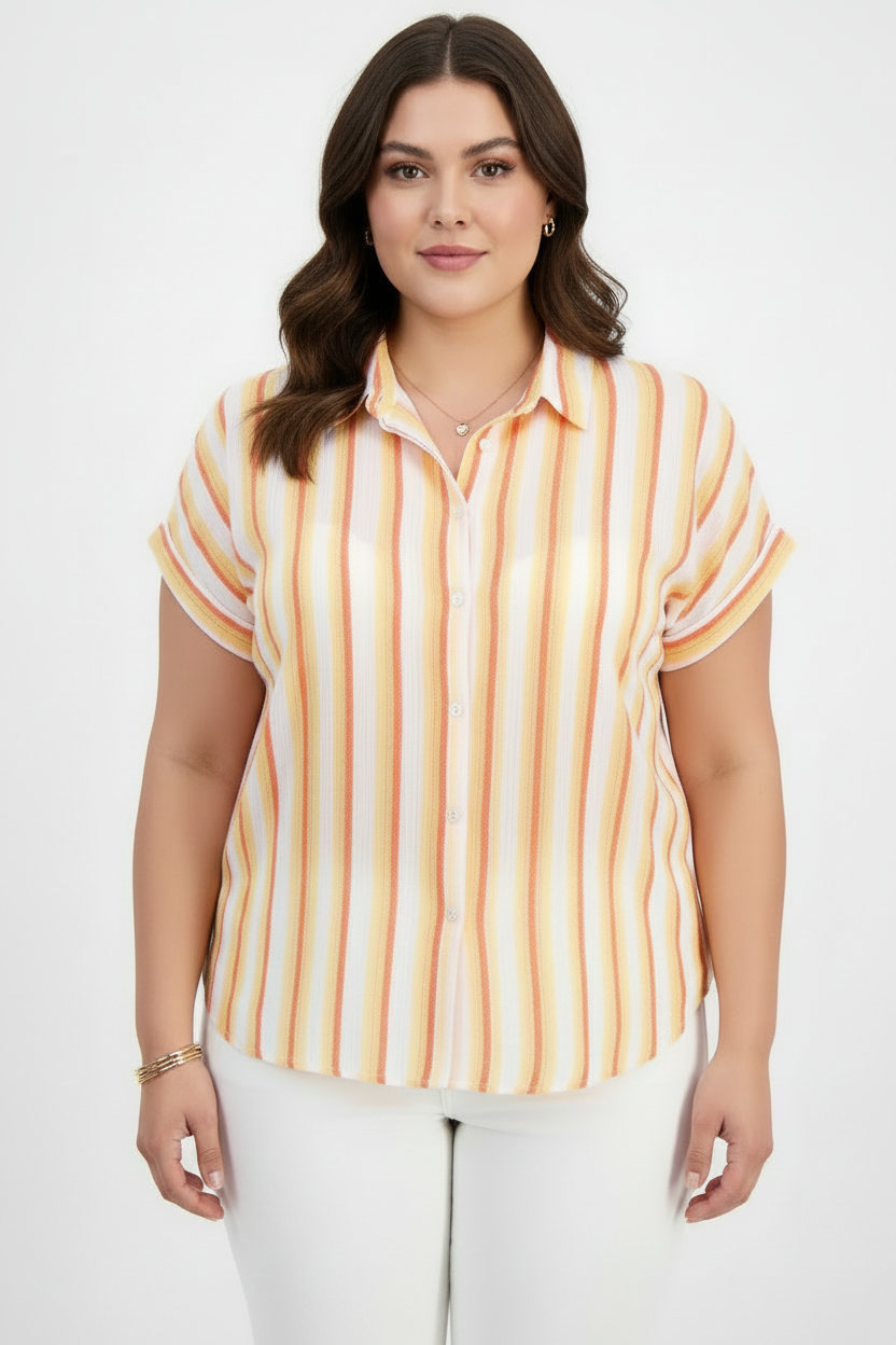 PLUS size Women's Striped Camp Short sleeve 100% Cotton  Shirt Orange