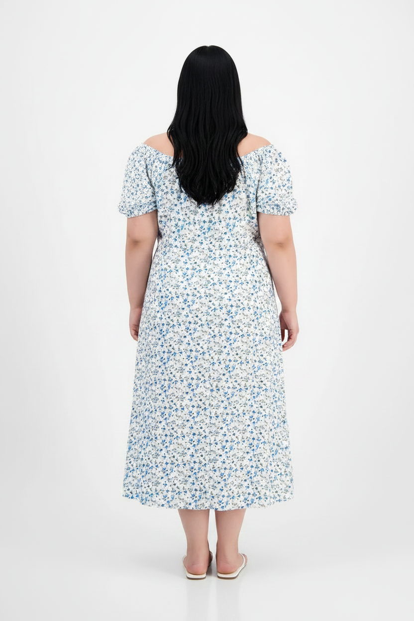Women's PLUS Puff Sleeve Slit front Printed  smocked maxi dress