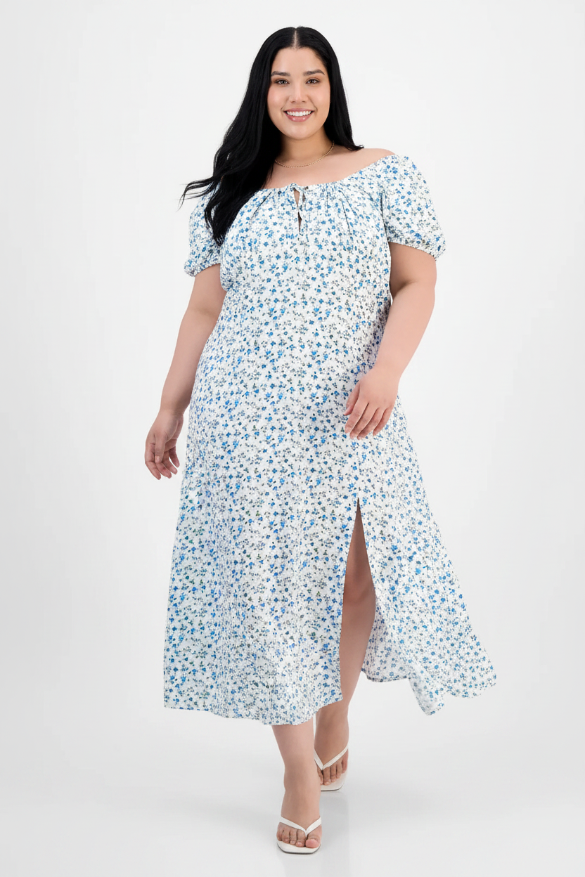 Women's PLUS Puff Sleeve Slit front Printed  smocked maxi dress
