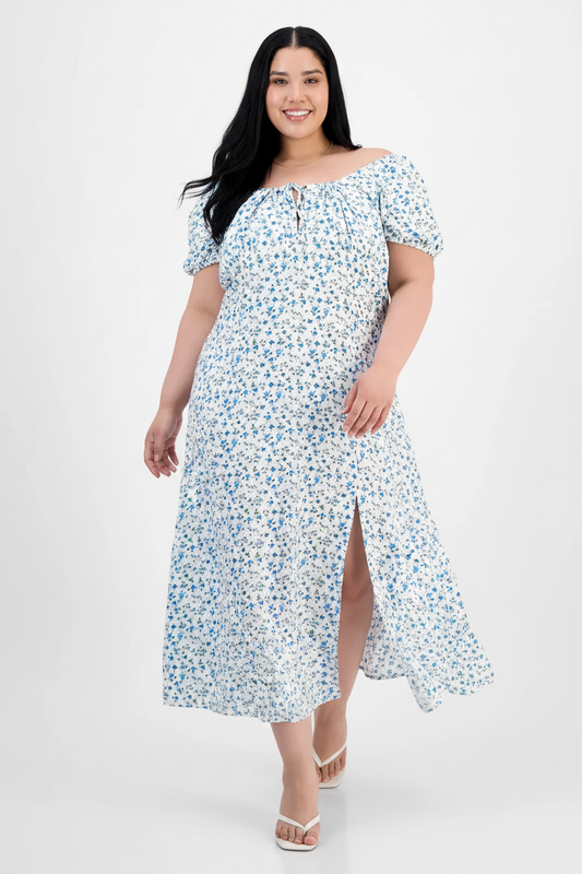 Women's PLUS Puff Sleeve Slit front Printed  smocked maxi dress