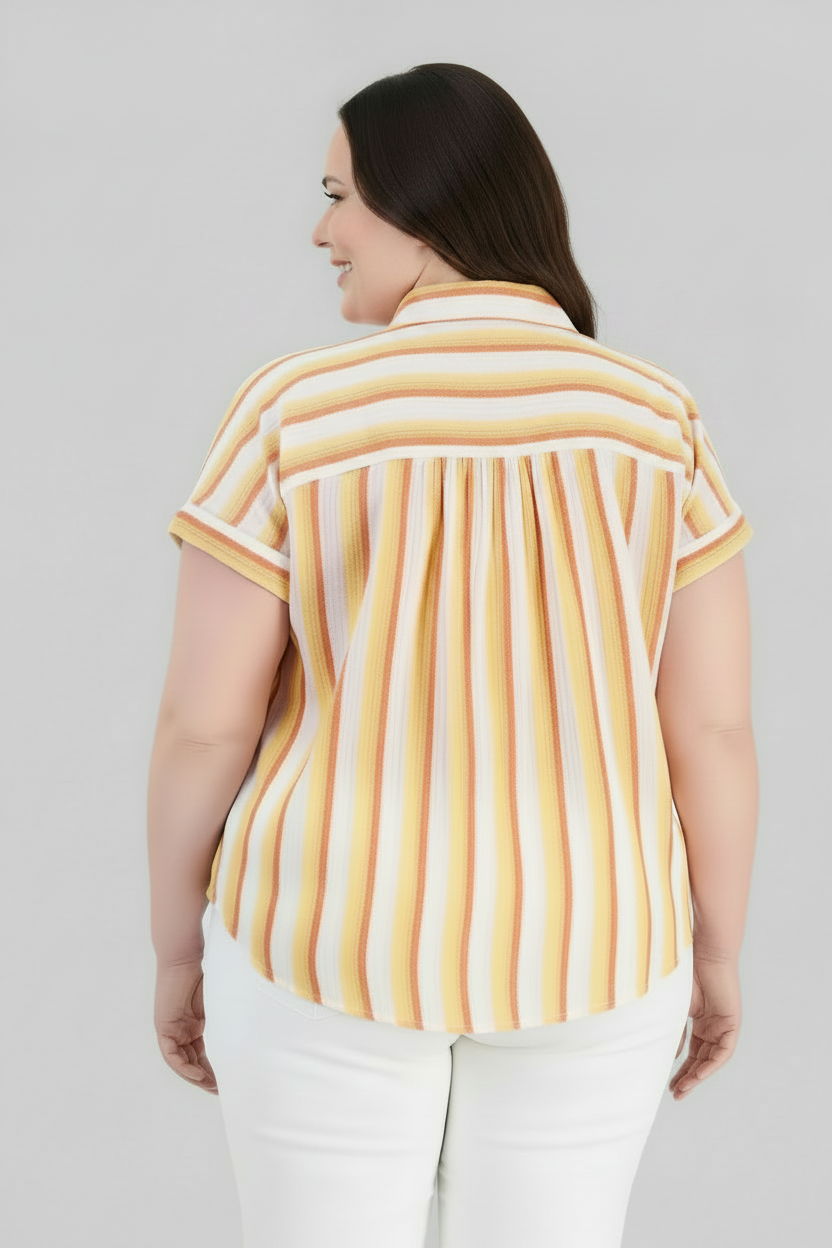 PLUS size Women's Striped Camp Short sleeve 100% Cotton  Shirt Orange