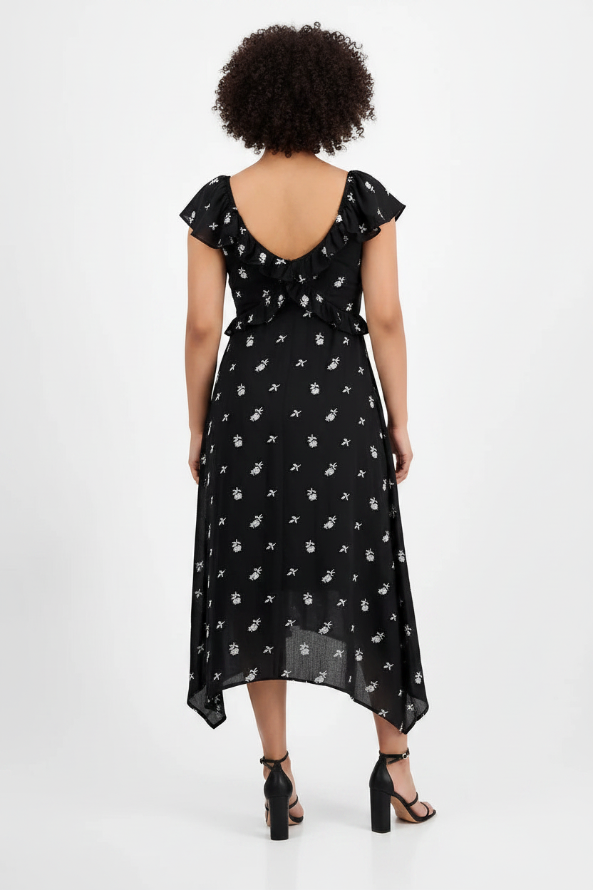 Women's Embroidered Handkerchief-Hem Midi Dress Black