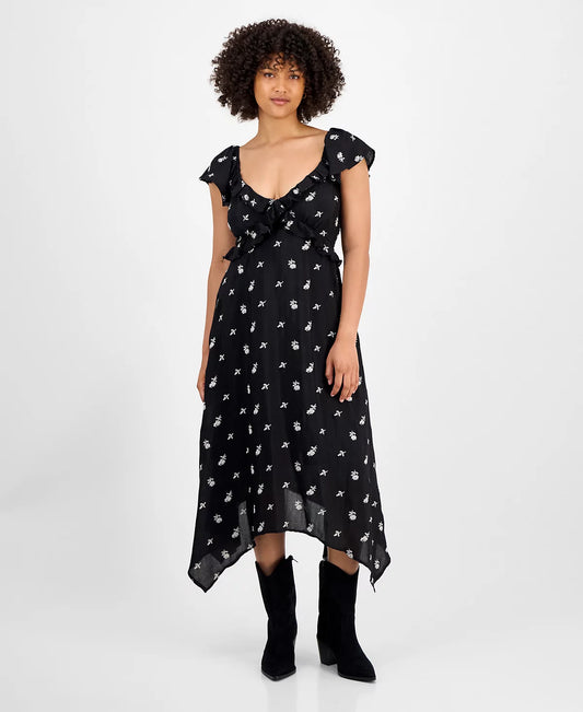 Women's Embroidered Handkerchief-Hem Midi Dress Black