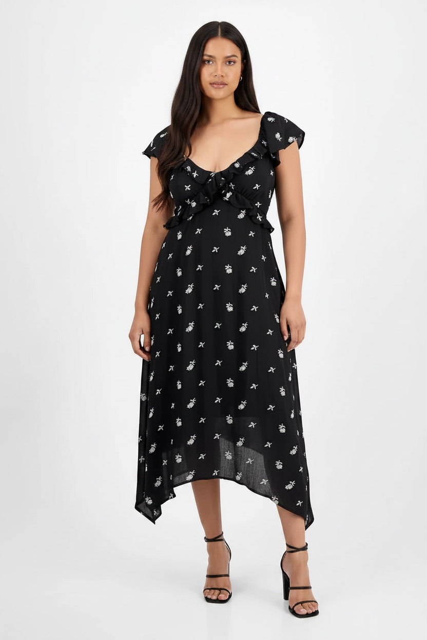 Women's Embroidered Handkerchief-Hem Midi Dress Black