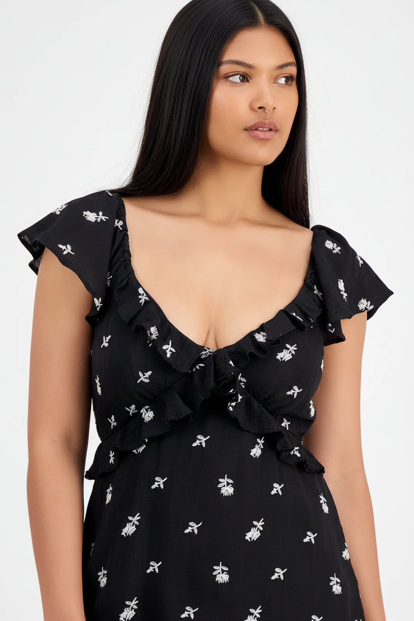 Women's Embroidered Handkerchief-Hem Midi Dress Black
