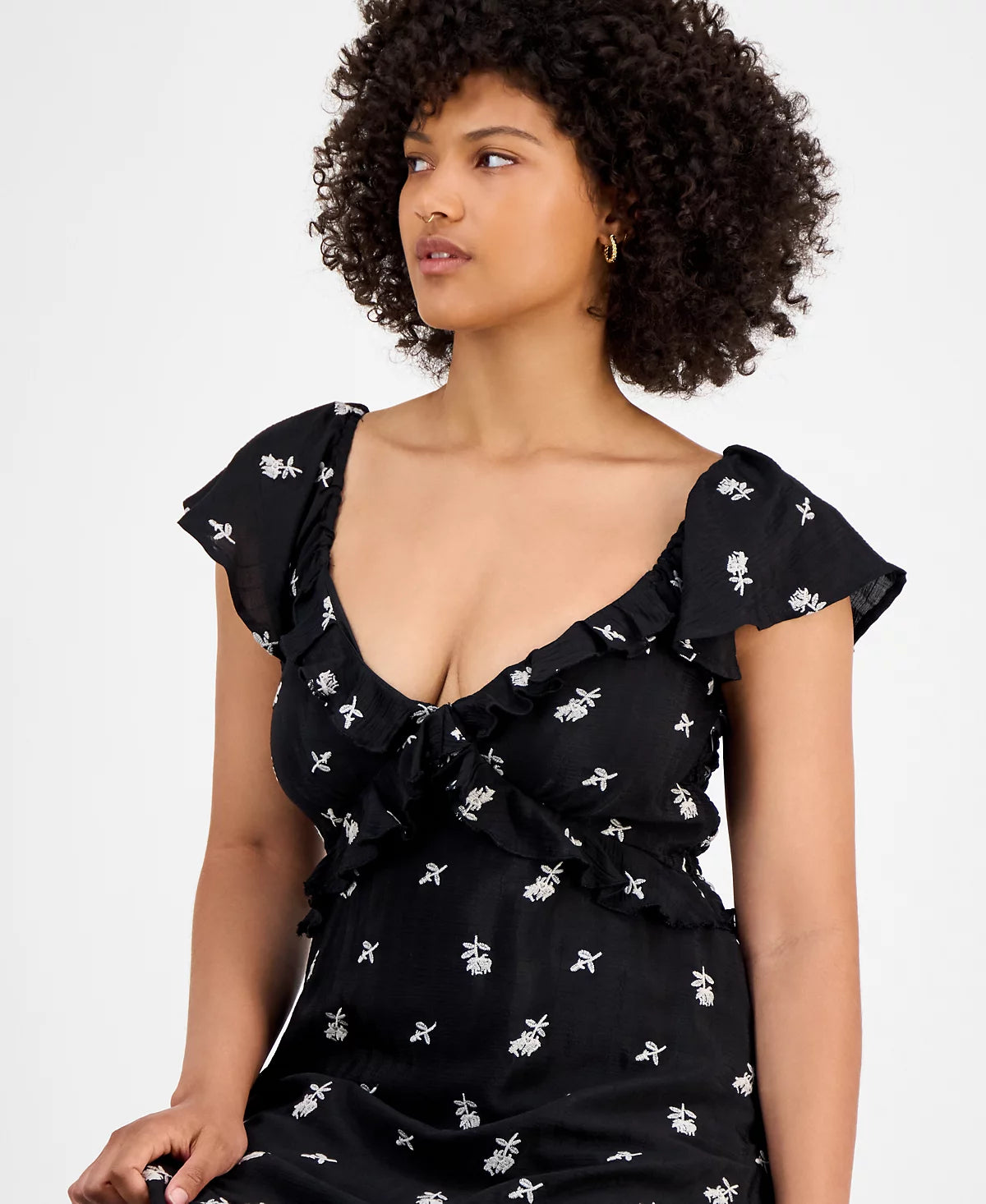 Women's Embroidered Handkerchief-Hem Midi Dress Black