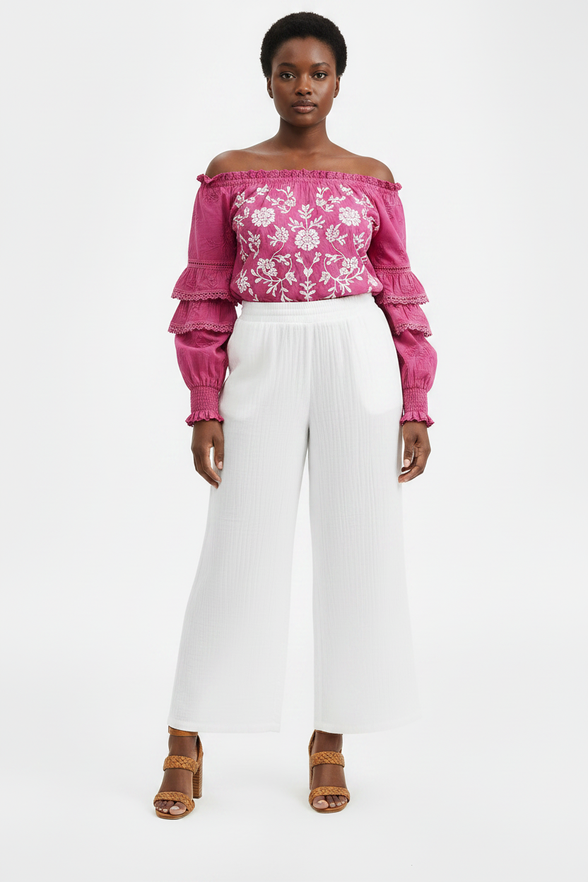 Women's PLUS SIZE Wide Leg  Gauze Pull On Utility Pants Bright White