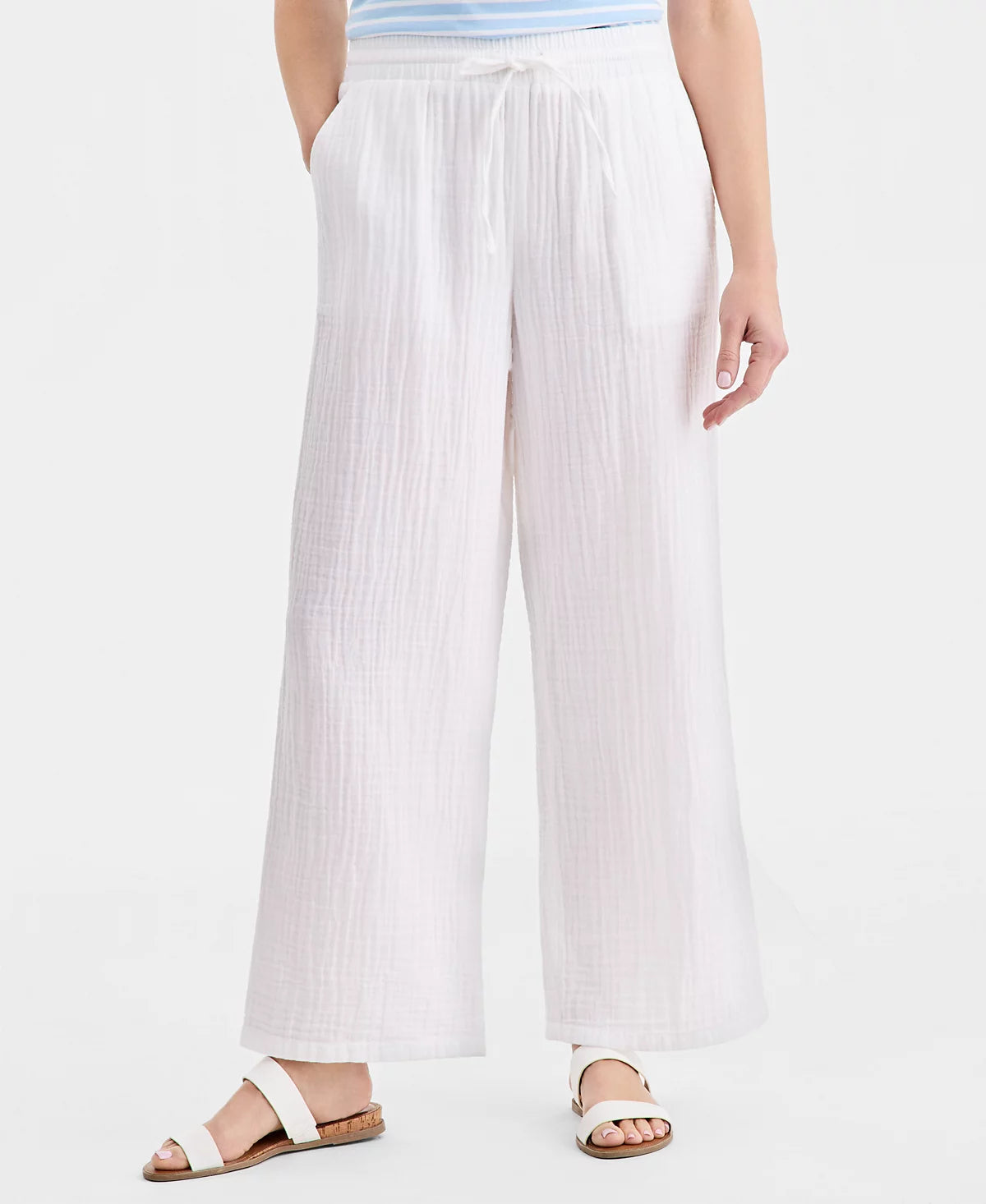 Women's PLUS SIZE Wide Leg  Gauze Pull On Utility Pants Bright White