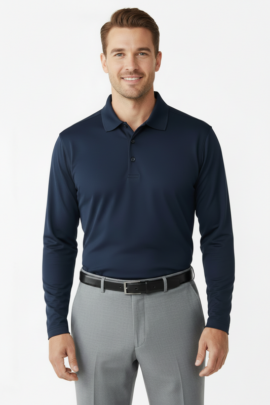 Men's Long Sleeve Polo Polyester Dress Shirt Navy Blue