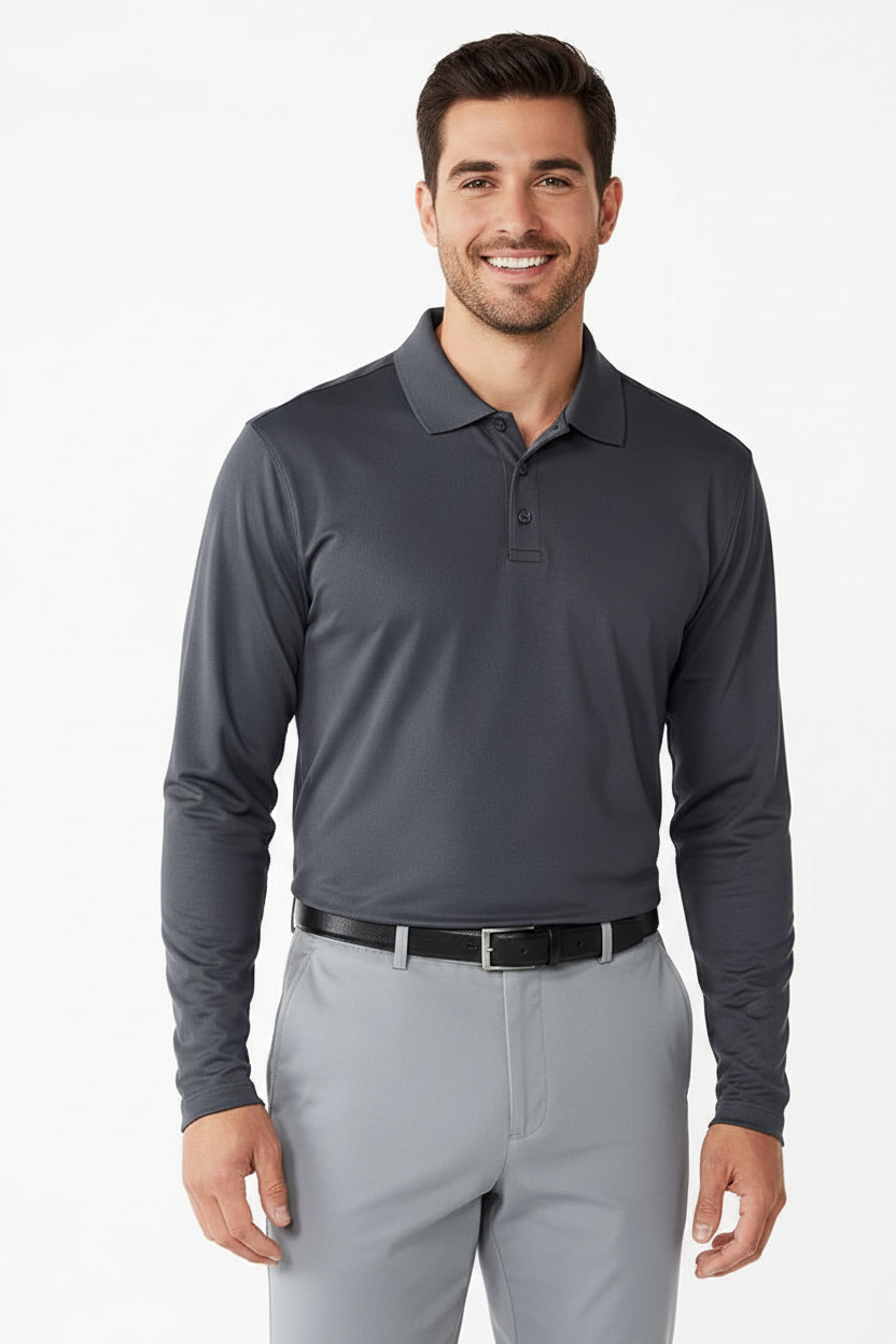 Men's Long Sleeve Polo Polyester Dress Shirt M GRAY
