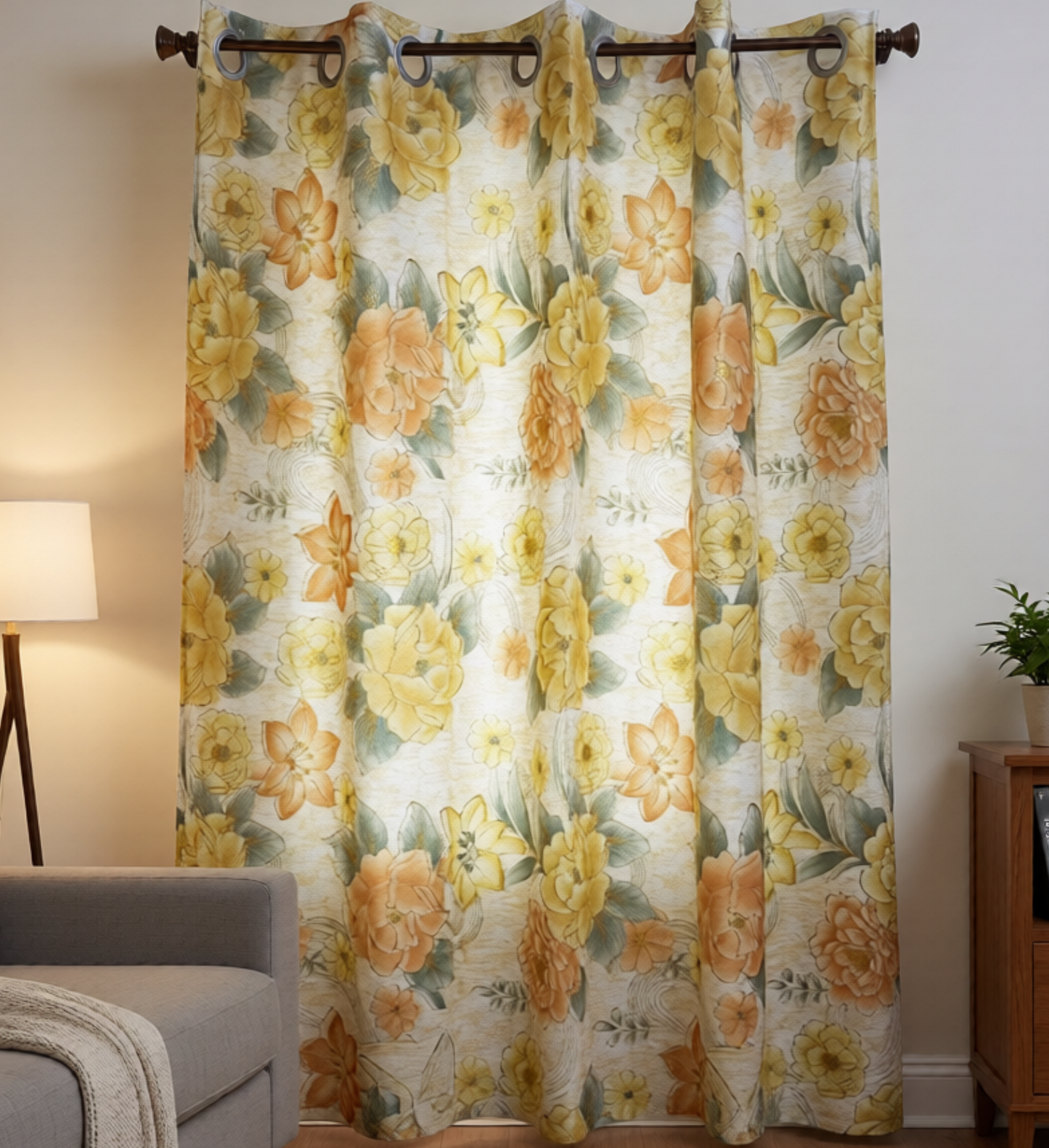 DANIELLE Printed Floral Pattern Panel Curtain  with 8 grommets Yellow Orange