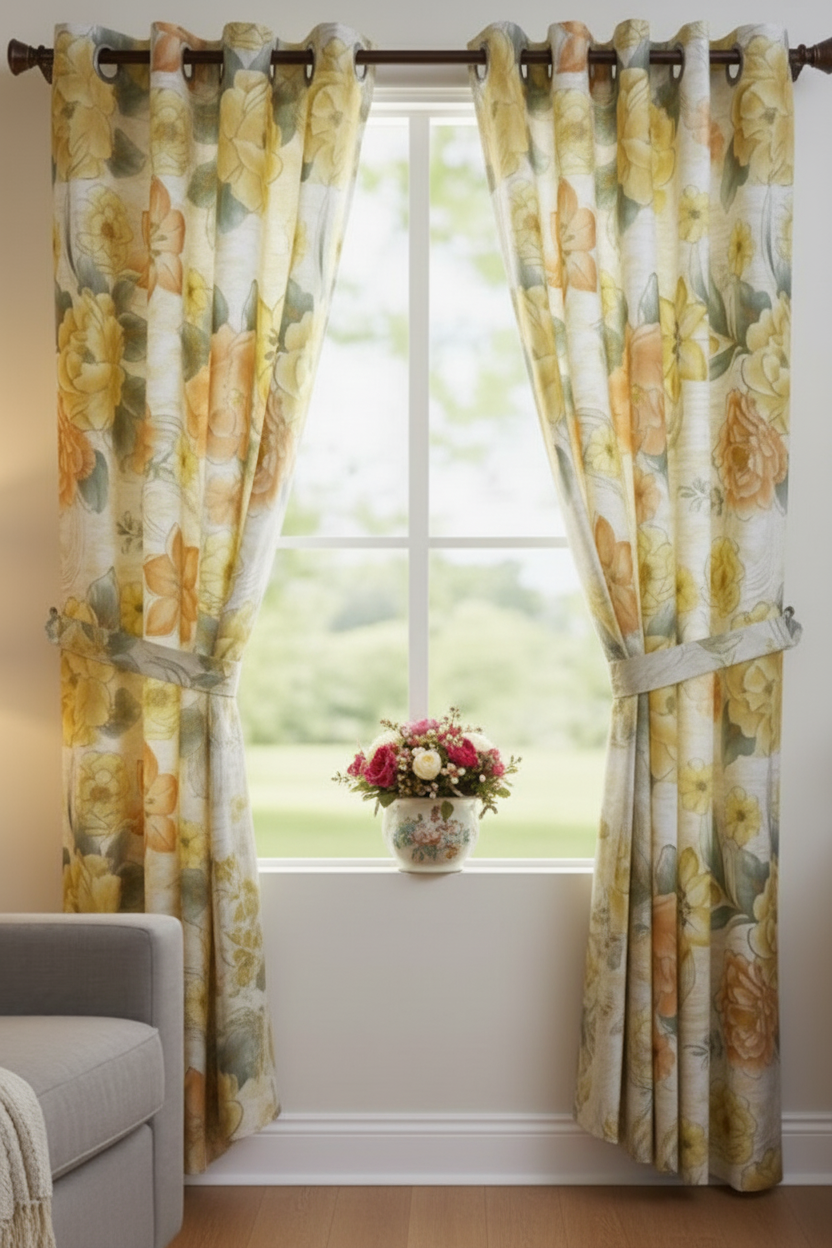 DANIELLE Printed Floral Pattern Panel Curtain  with 8 grommets Yellow Orange
