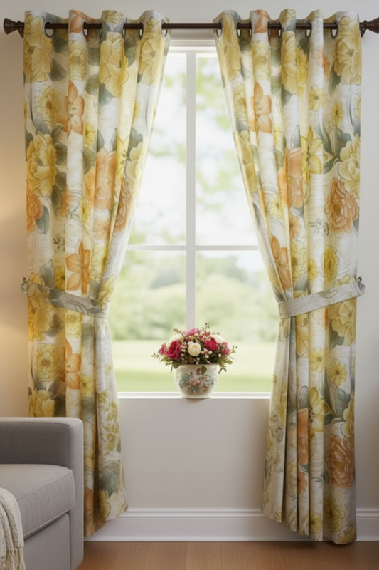 DANIELLE Printed Floral Pattern Panel Curtain  with 8 grommets Yellow Orange
