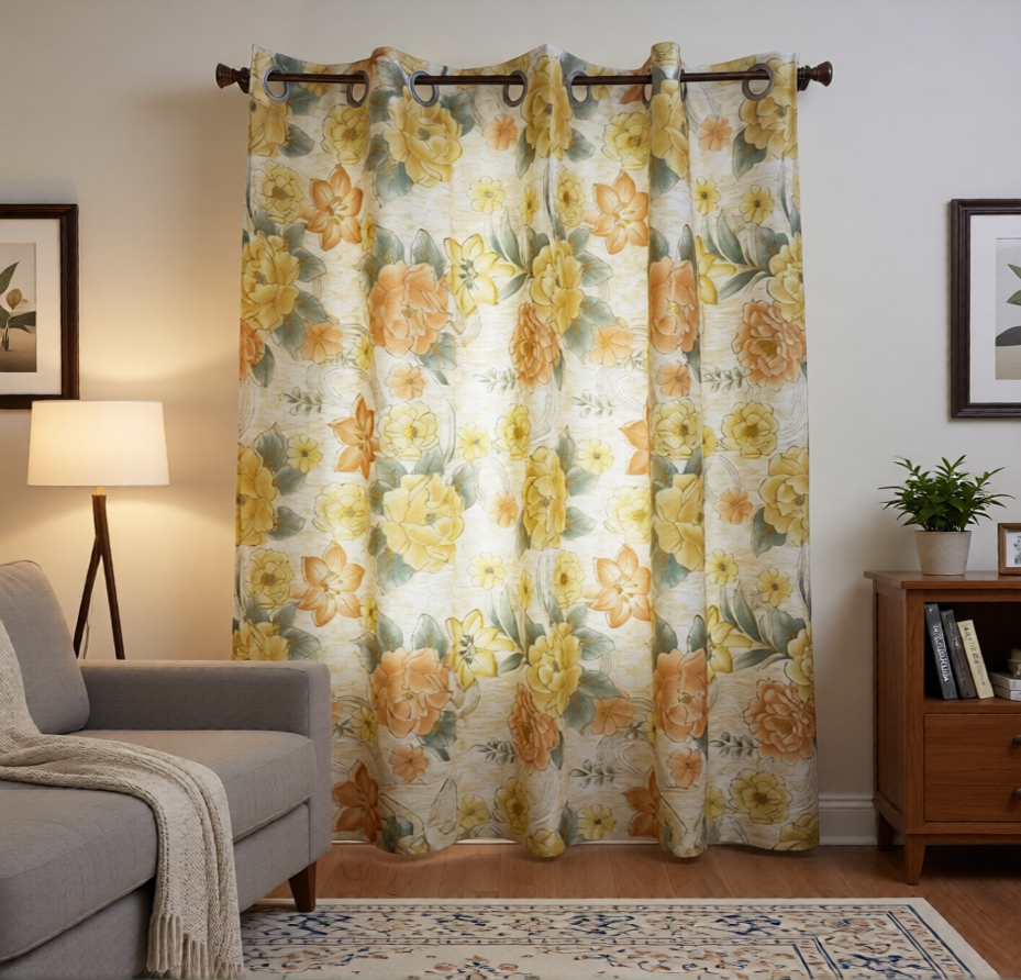 DANIELLE Printed Floral Pattern Panel Curtain  with 8 grommets Yellow Orange