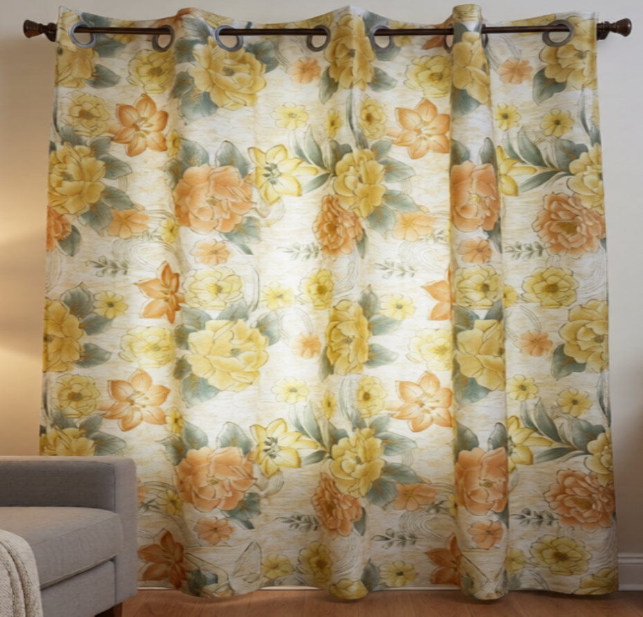 DANIELLE Printed Floral Pattern Panel Curtain  with 8 grommets Yellow Orange