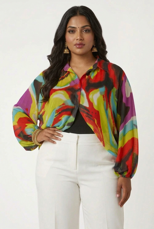 Women's PLUS SIZE Printed Collared Shrug Blouse Multi color Rainbow