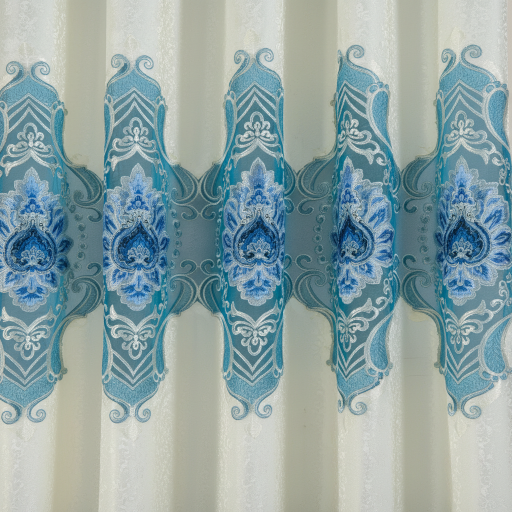 AMY BLUE Macrame jacquard  Pattern Panel Curtain w attached lace valance Blue