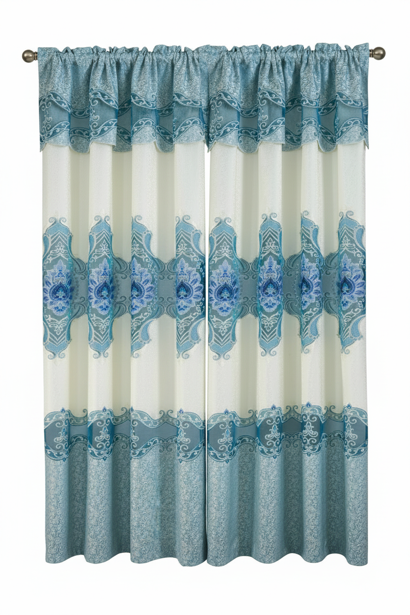 AMY BLUE Macrame jacquard  Pattern Panel Curtain w attached lace valance Blue