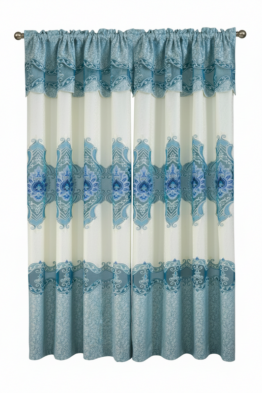 AMY BLUE Macrame jacquard  Pattern Panel Curtain w attached lace valance Blue