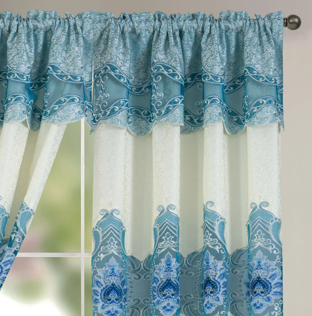 AMY BLUE Macrame jacquard  Pattern Panel Curtain w attached lace valance Blue