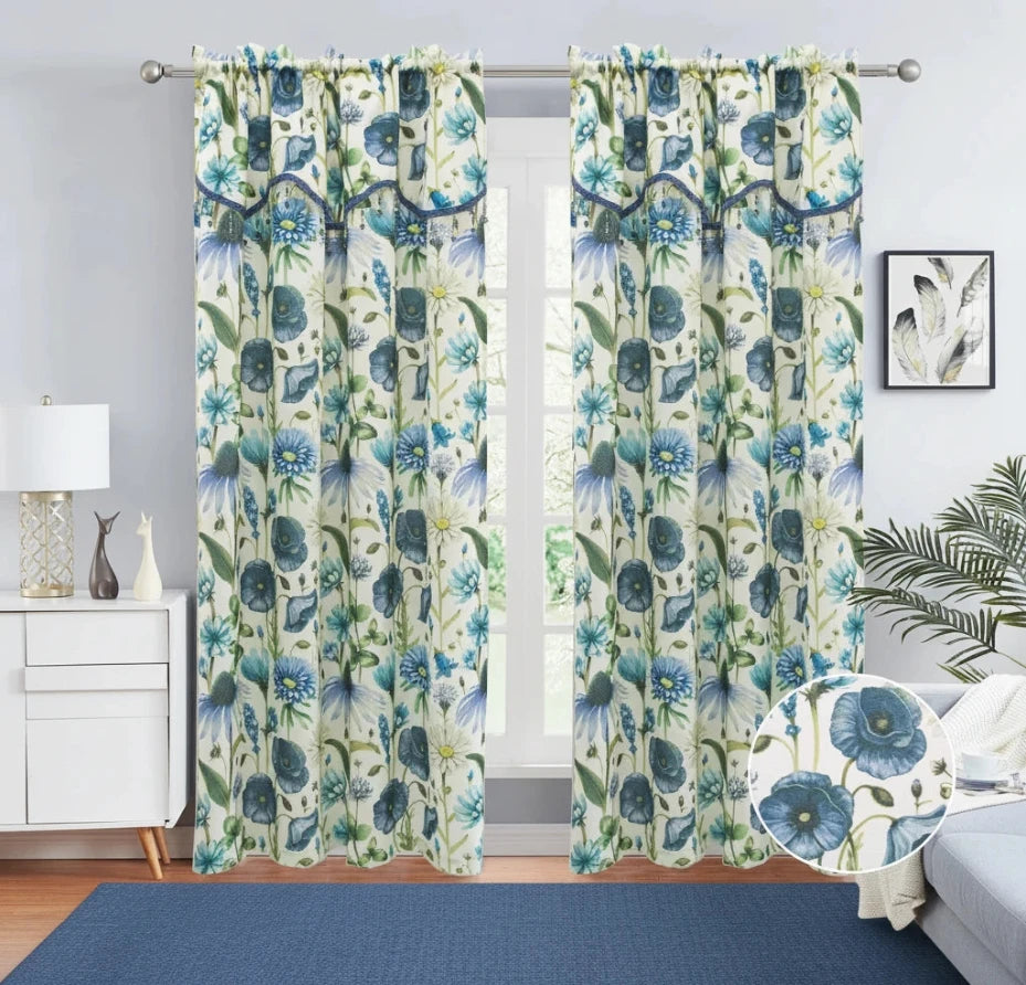 ELIZA Crepe  Pattern Panel Curtain w attached lace valance BLUE