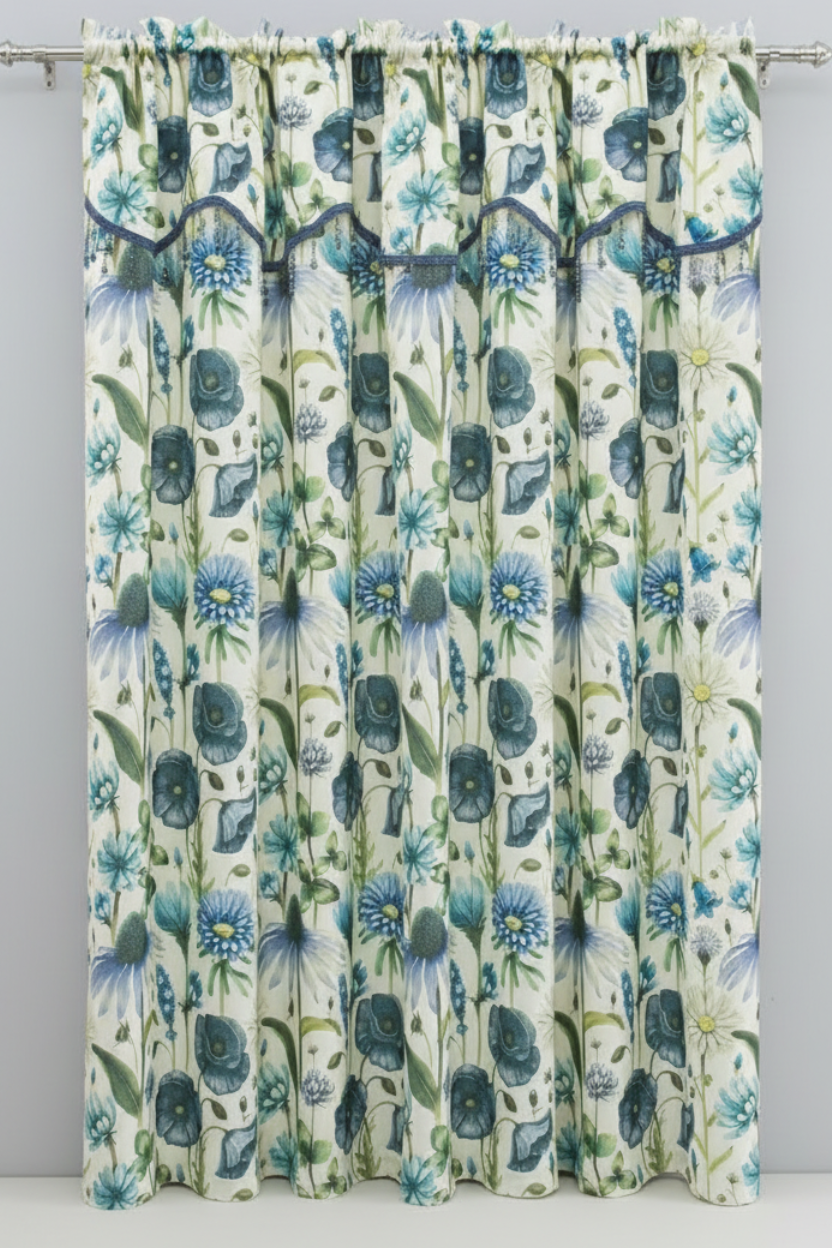 ELIZA Crepe  Pattern Panel Curtain w attached lace valance BLUE