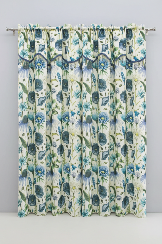ELIZA Crepe  Pattern Panel Curtain w attached lace valance BLUE