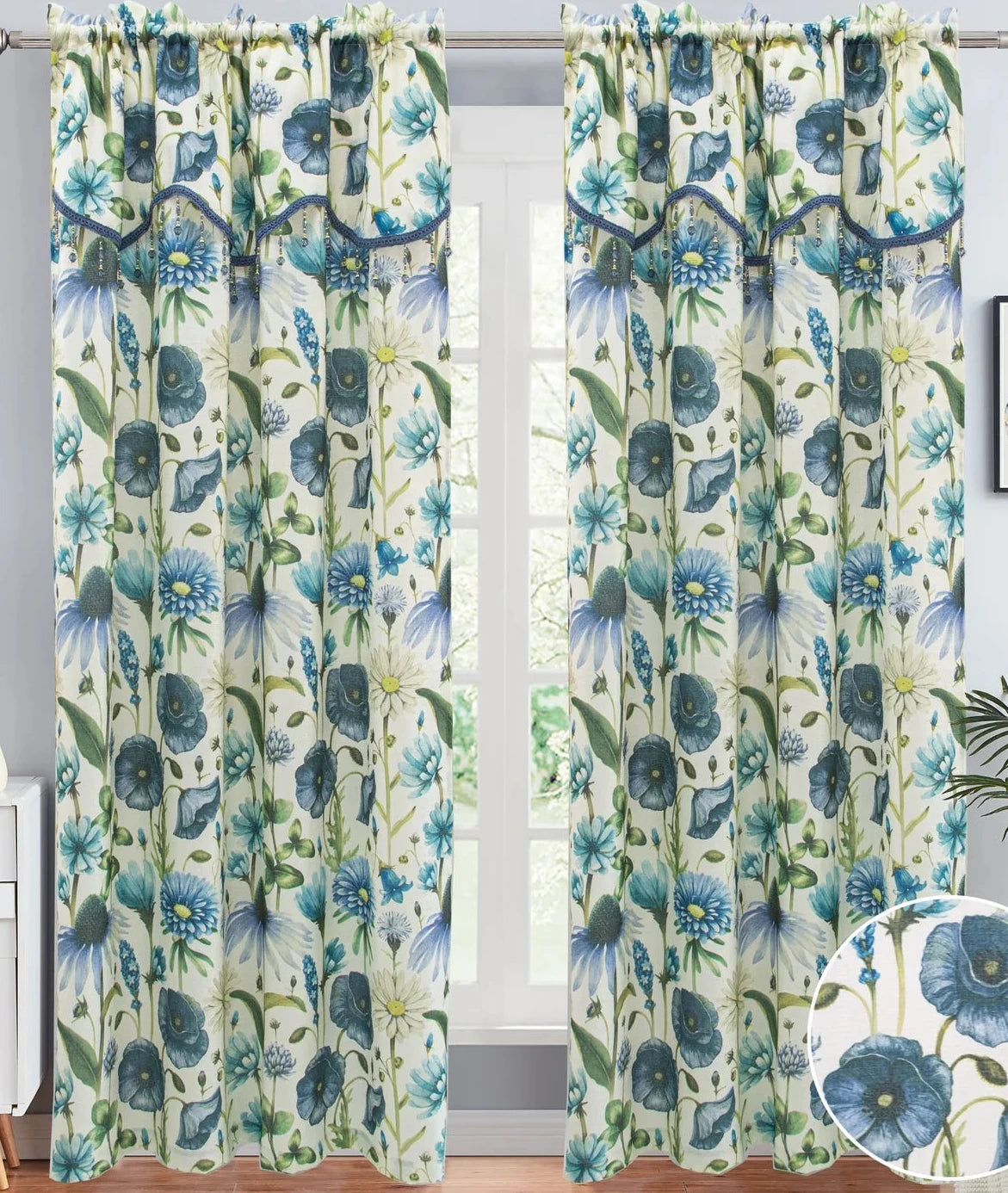 ELIZA Crepe  Pattern Panel Curtain w attached lace valance BLUE