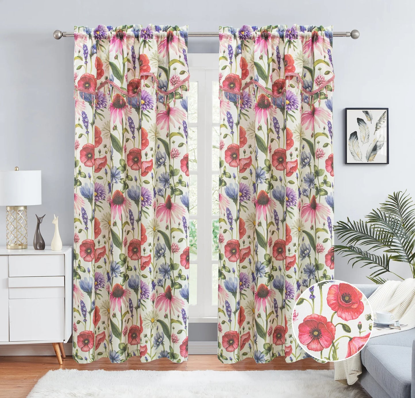 ELIZA Crepe  Pattern Panel Curtain w attached lace valance PINK
