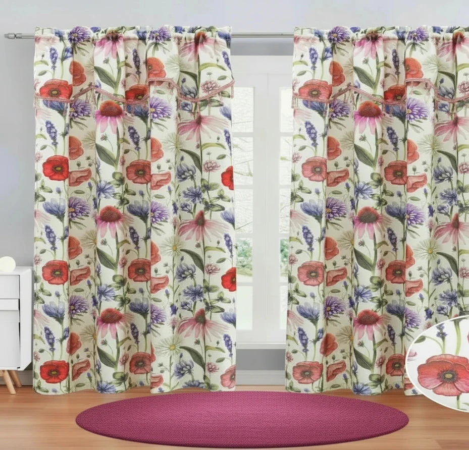 ELIZA Crepe  Pattern Panel Curtain w attached lace valance PINK