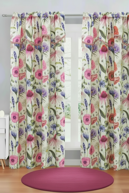 ELIZA Crepe  Pattern Panel Curtain w attached lace valance PINK