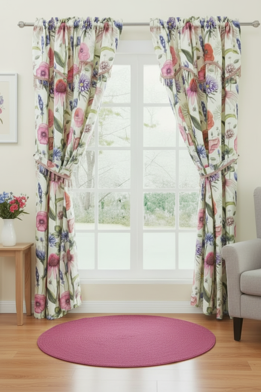 ELIZA Crepe  Pattern Panel Curtain w attached lace valance PINK