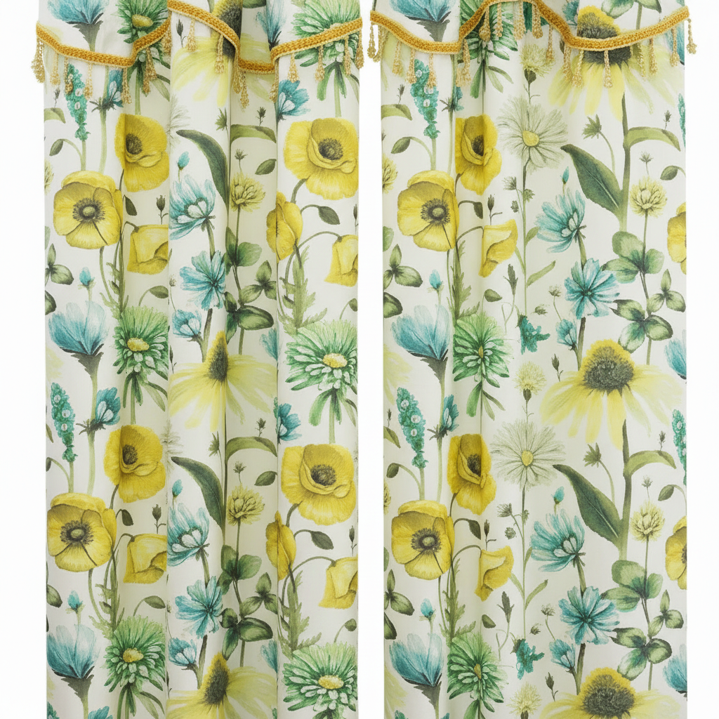 ELIZA Crepe  Pattern Panel Curtain w attached lace valance YELLOW
