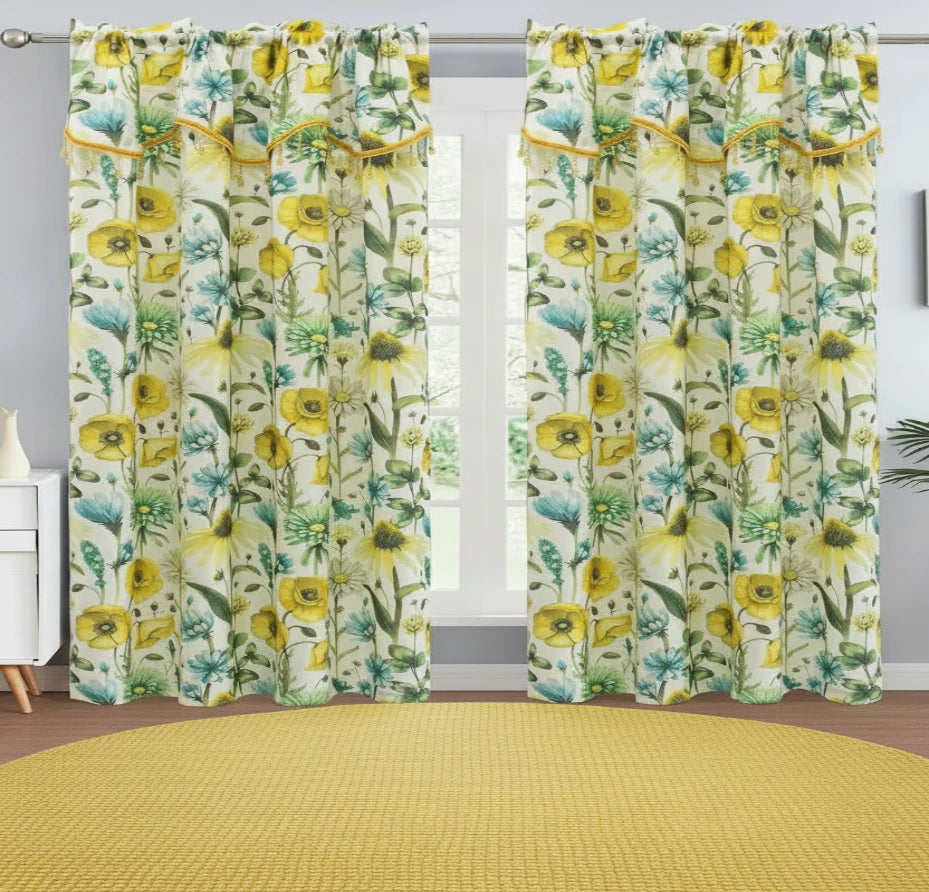 ELIZA Crepe  Pattern Panel Curtain w attached lace valance YELLOW