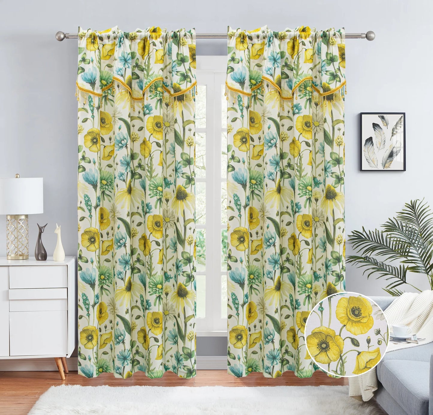 ELIZA Crepe  Pattern Panel Curtain w attached lace valance YELLOW