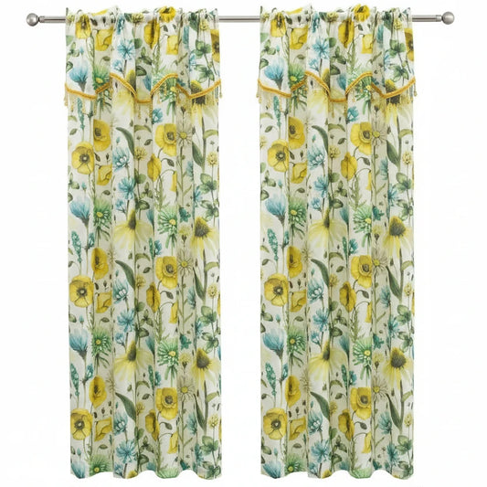 ELIZA Crepe  Pattern Panel Curtain w attached lace valance YELLOW
