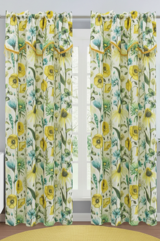 ELIZA Crepe  Pattern Panel Curtain w attached lace valance YELLOW