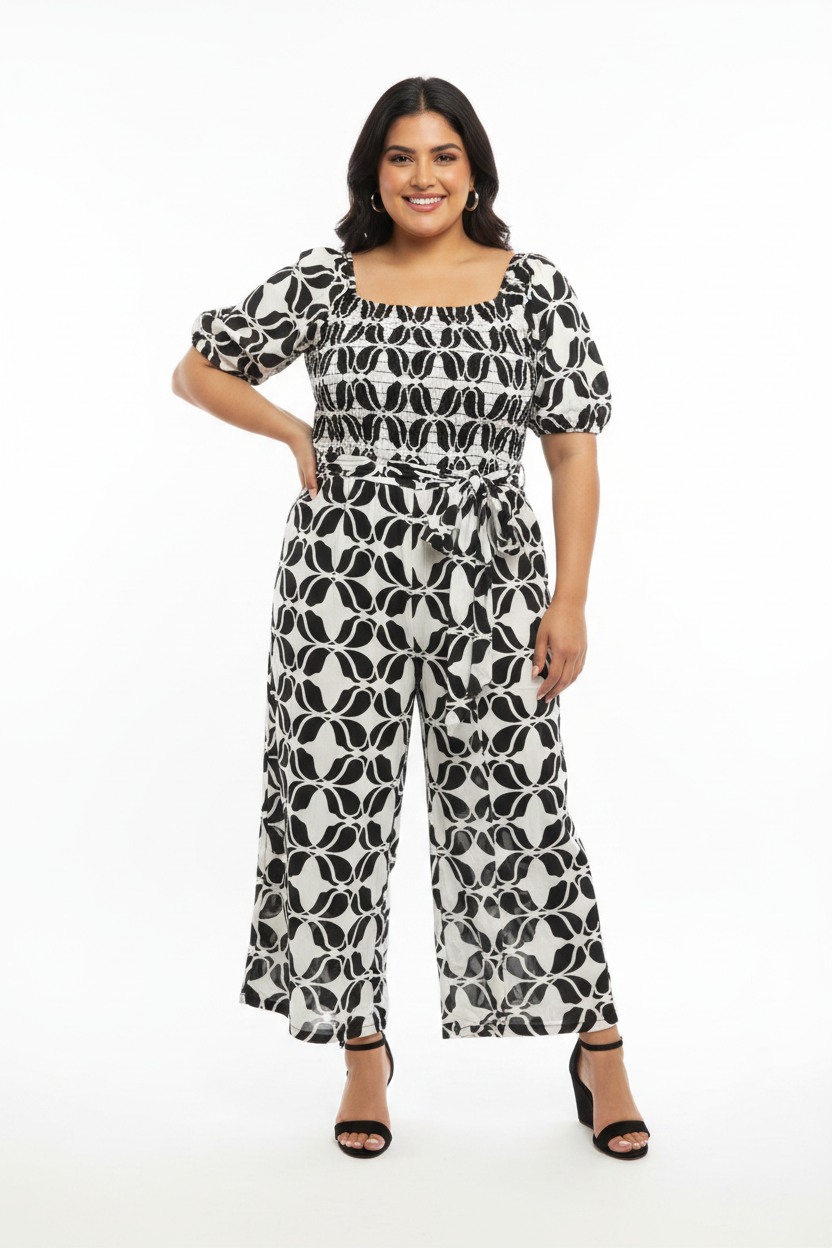 Women's PLUS Smoked Puff Sleeve Printed  Geometric Jumpsuit