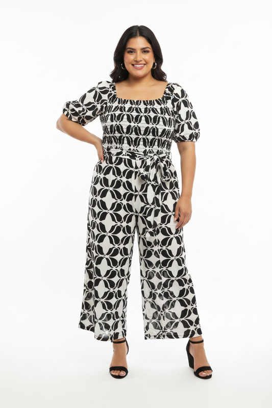 Women's PLUS Smoked Puff Sleeve Printed  Geometric Jumpsuit