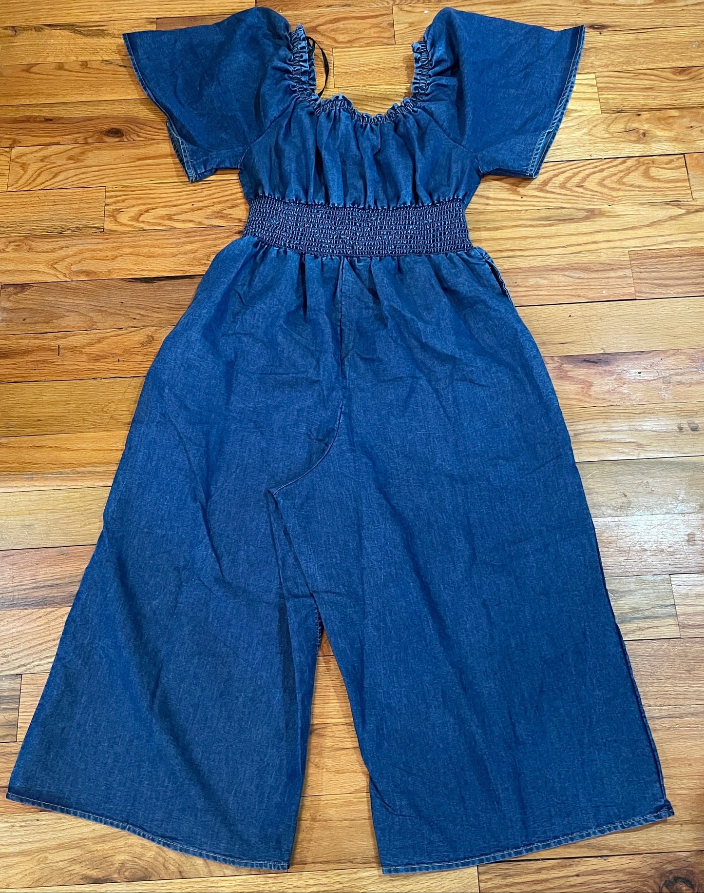Women's PLUS Smoked Puff Sleeve Denim Look Jumpsuit