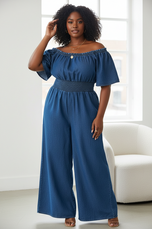 Women's PLUS Smoked Puff Sleeve Denim Look Jumpsuit