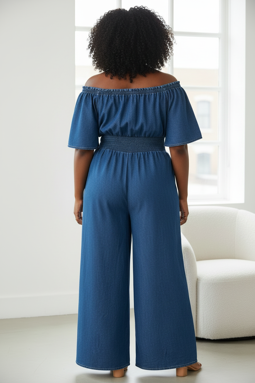 Women's PLUS Smoked Puff Sleeve Denim Look Jumpsuit