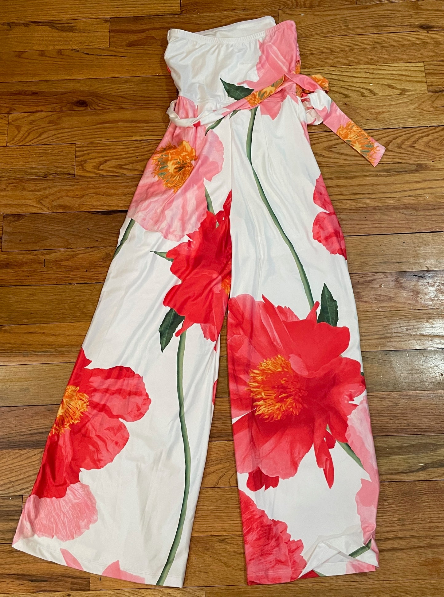 Women's Large Flower Poppie strapless Tube Jumpsuit Jumper belted