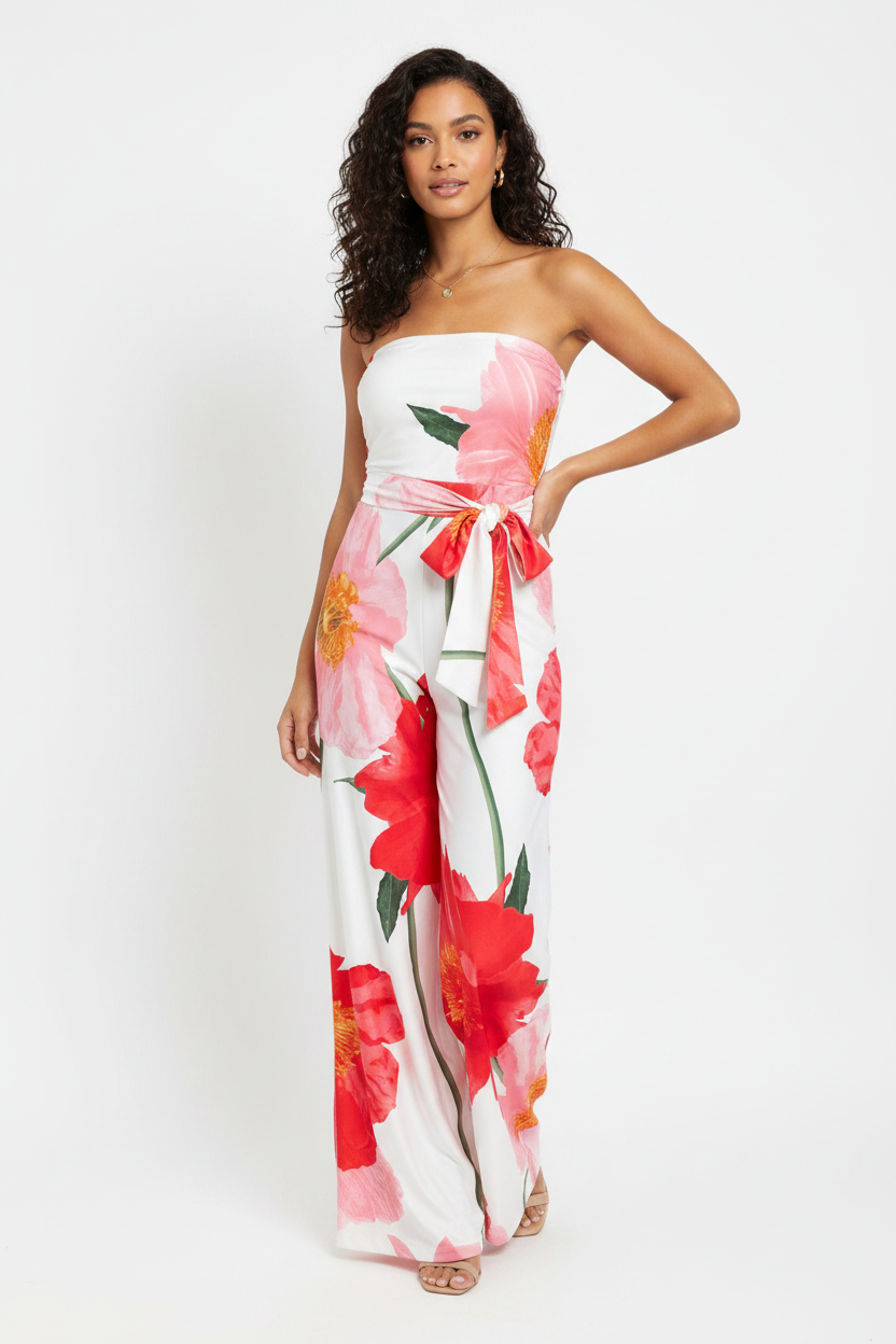 Women's Large Flower Poppie strapless Tube Jumpsuit Jumper belted