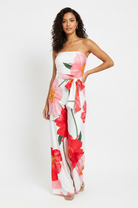 Women's Large Flower Poppie strapless Tube Jumpsuit Jumper belted White