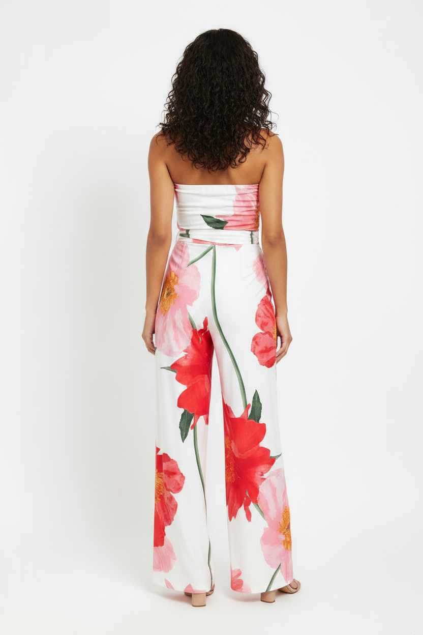 Women's Large Flower Poppie strapless Tube Jumpsuit Jumper belted